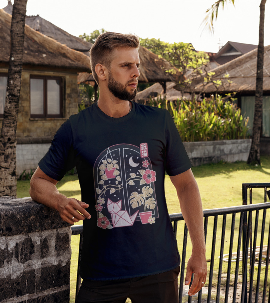 Kami Neko Origami Cat Crescent Moon Japanese Garden Scene T-Shirt