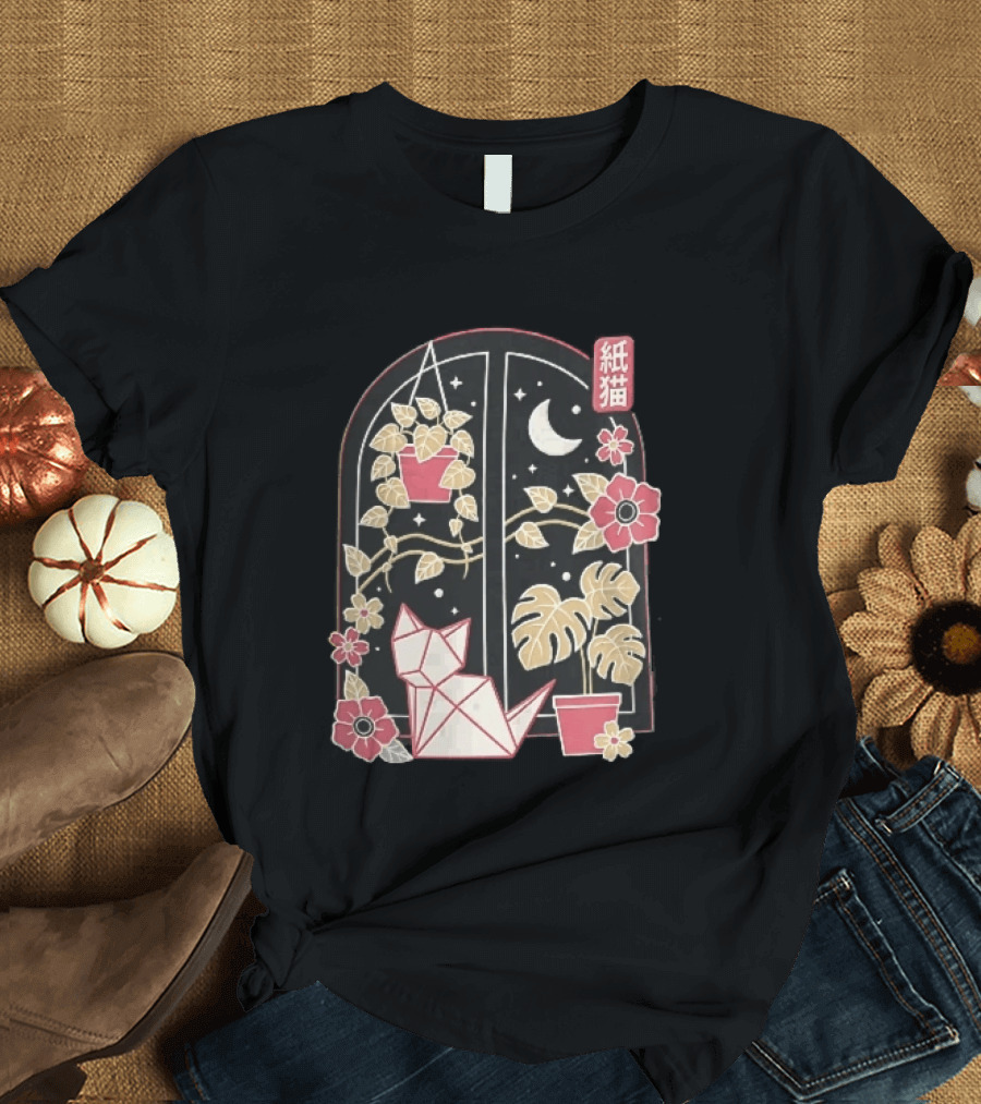 Kami Neko Origami Cat Crescent Moon Japanese Garden Scene T-Shirt