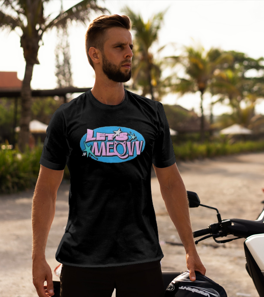 Lets Meovv Cat Ears Pink Distressed Glitter Stars Blue Oval T-Shirt