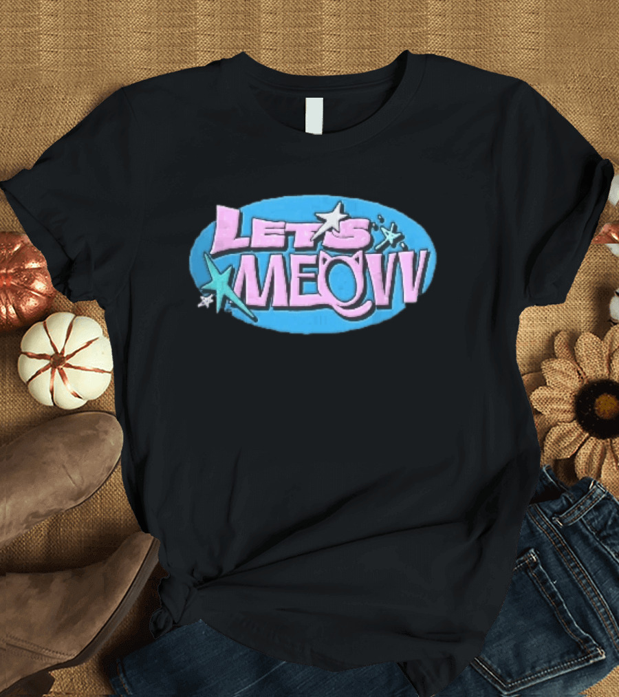 Lets Meovv Cat Ears Pink Distressed Glitter Stars Blue Oval T-Shirt