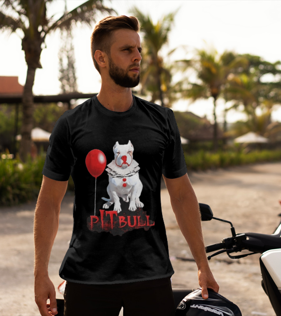 Pitbull Dog Pennywise Clown Red Balloon Distressed White T-Shirt