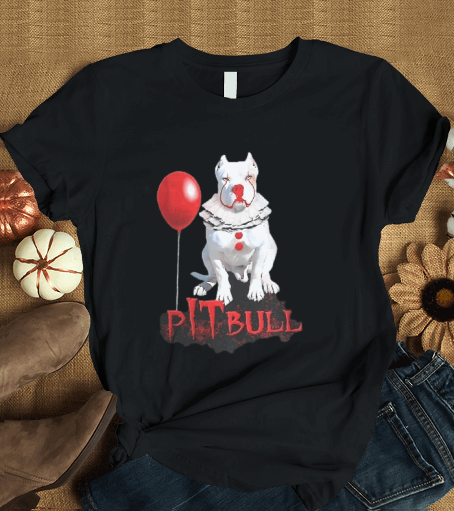 Pitbull Dog Pennywise Clown Red Balloon Distressed White T-Shirt