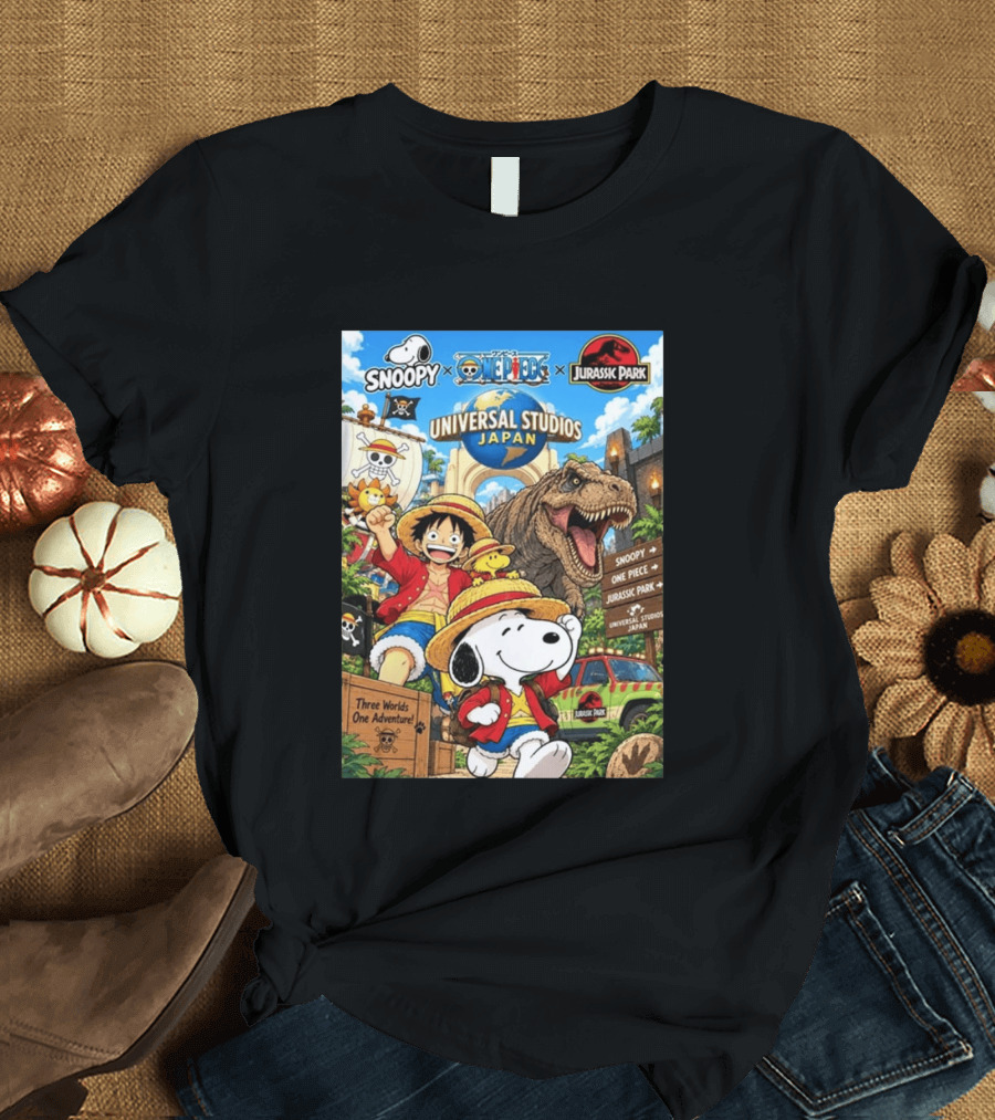 Snoopy One Piece Jurassic Park Universal Studios Japan Three Worlds One Adventure T-Shirt
