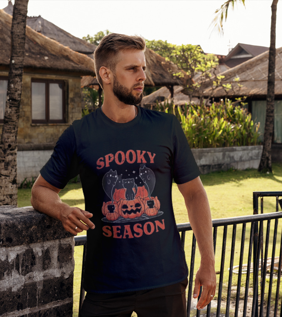 Spooky Season Black Cats Jack O Lantern Pentagram Cartoon T-Shirt