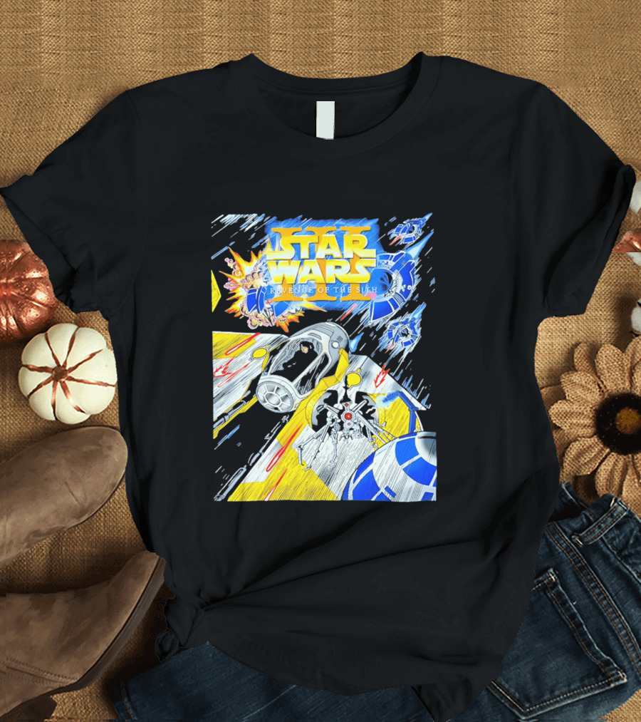 Star Wars Revenge Of The Sith Galactic Battle Artwork Featuring Anakin Skywalker And Iconic Droid Spaceships T-Shirt