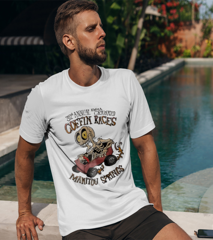 32nd Annual Emma Crawford Coffin Races Manitou Springs Cartoon Skeleton Racing Go Kart Flames T-Shirt