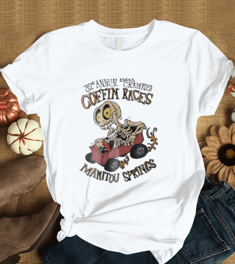 32nd Annual Emma Crawford Coffin Races Manitou Springs Cartoon Skeleton Racing Go Kart Flames T-Shirt