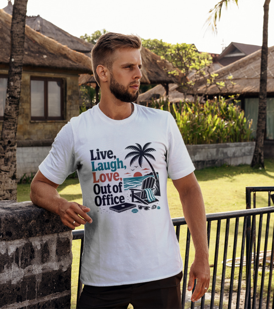 Live Laugh Love Out Of Office Beach Vacation Sunset Palm Tree Scene T-Shirt