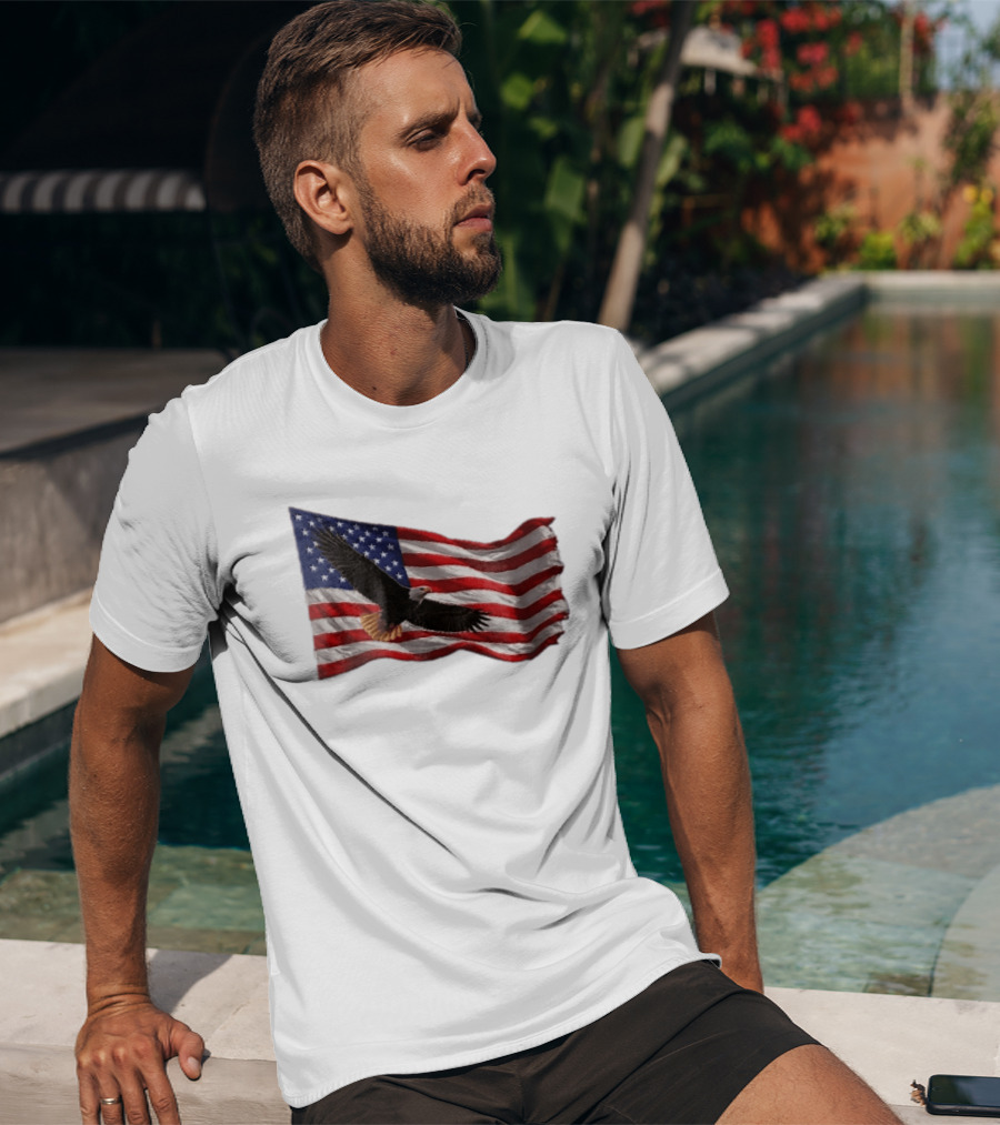 Bald Eagle Soaring Over Distressed American Flag Patriotic T-Shirt