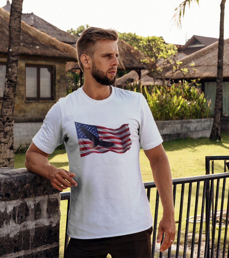 Bald Eagle Soaring Over Distressed American Flag Patriotic T-Shirt