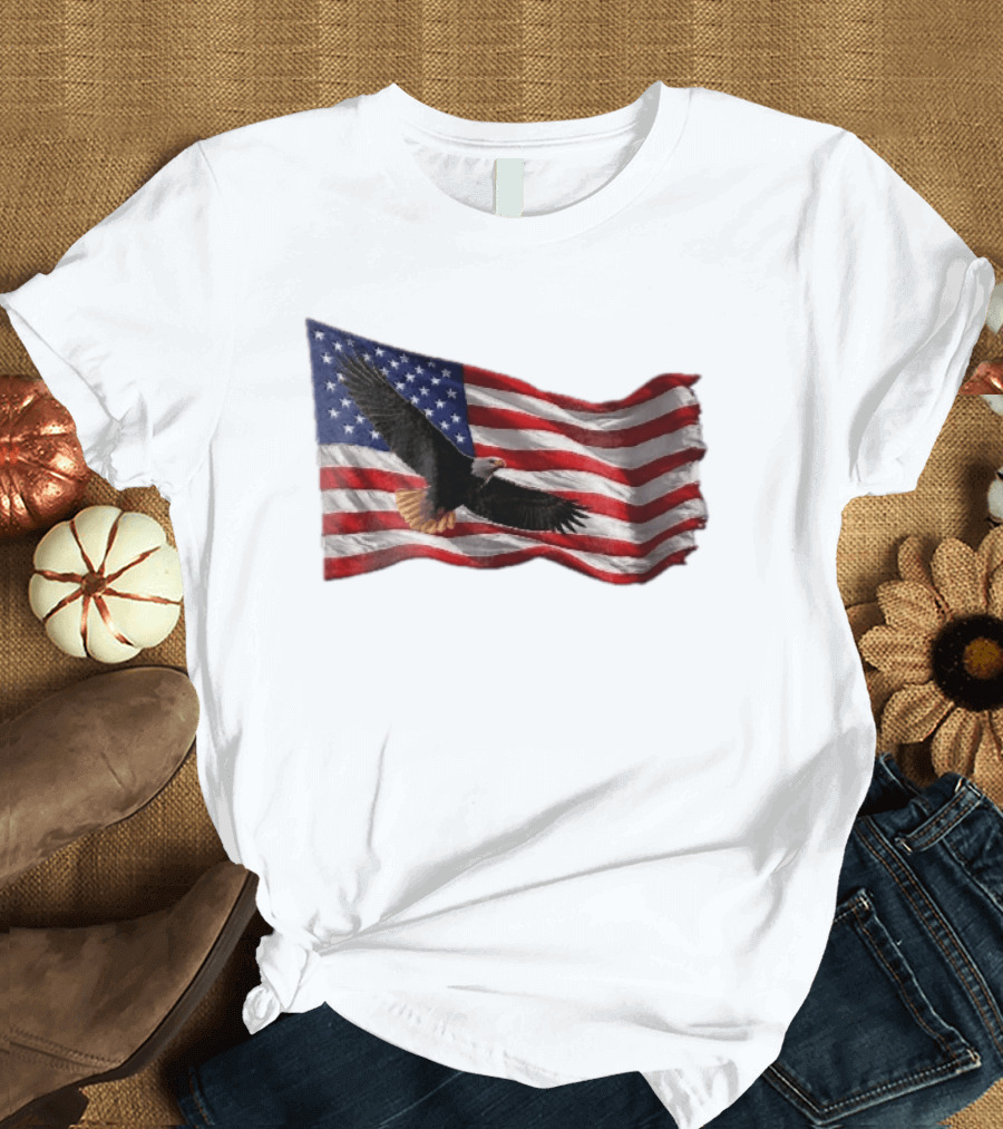 Bald Eagle Soaring Over Distressed American Flag Patriotic T-Shirt