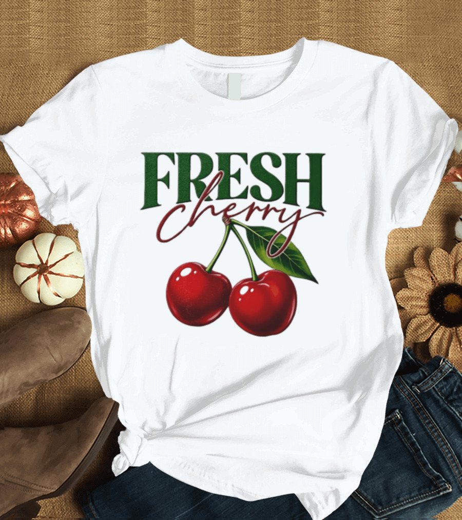 Fresh Cherry Twin Red Fruit And Leaves T-Shirt