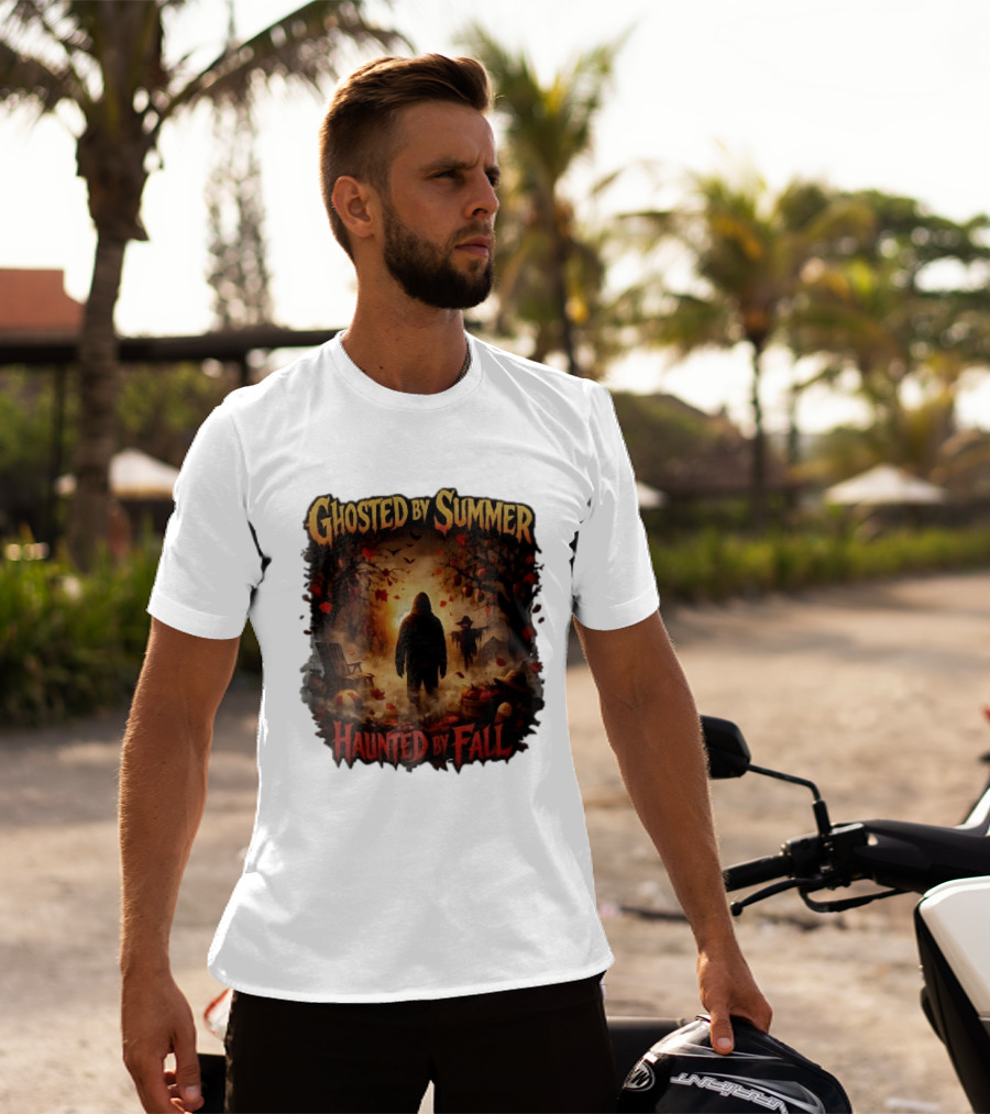 Ghosted By Summer Haunted By Fall Hooded Figure Autumn Orchard Scarecrow Pumpkins T-Shirt