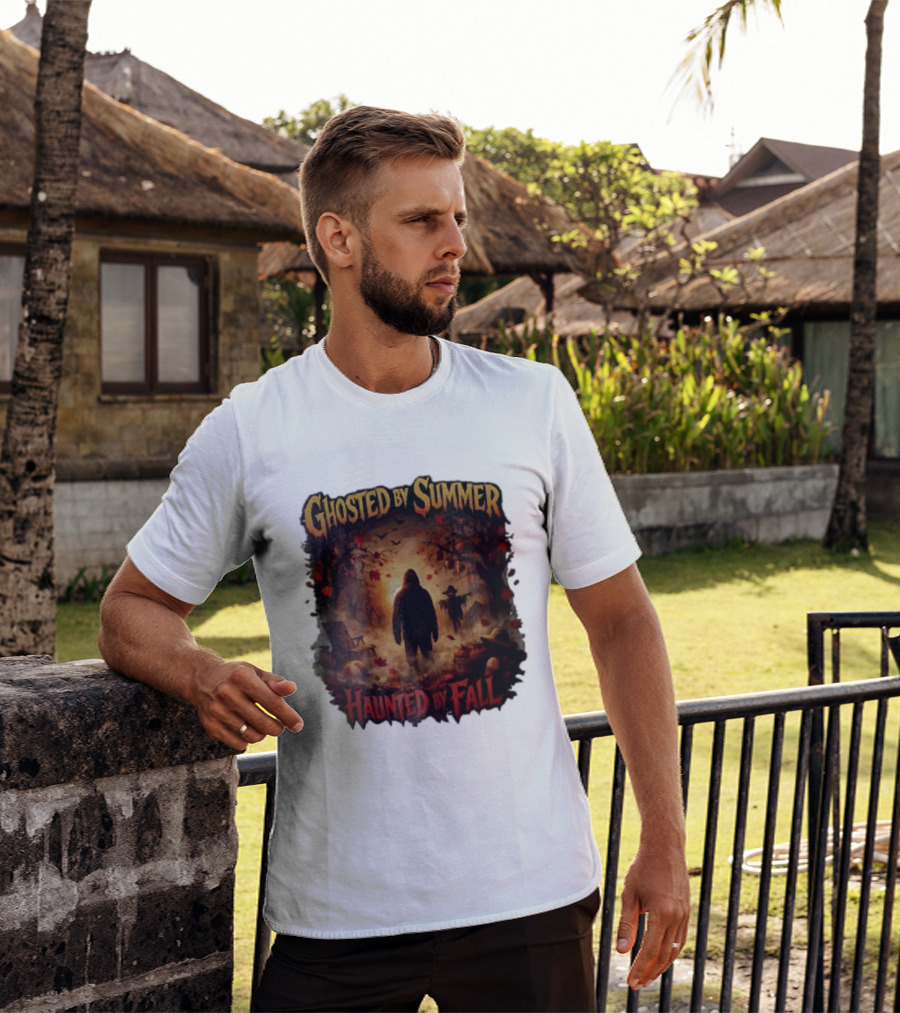 Ghosted By Summer Haunted By Fall Hooded Figure Autumn Orchard Scarecrow Pumpkins T-Shirt