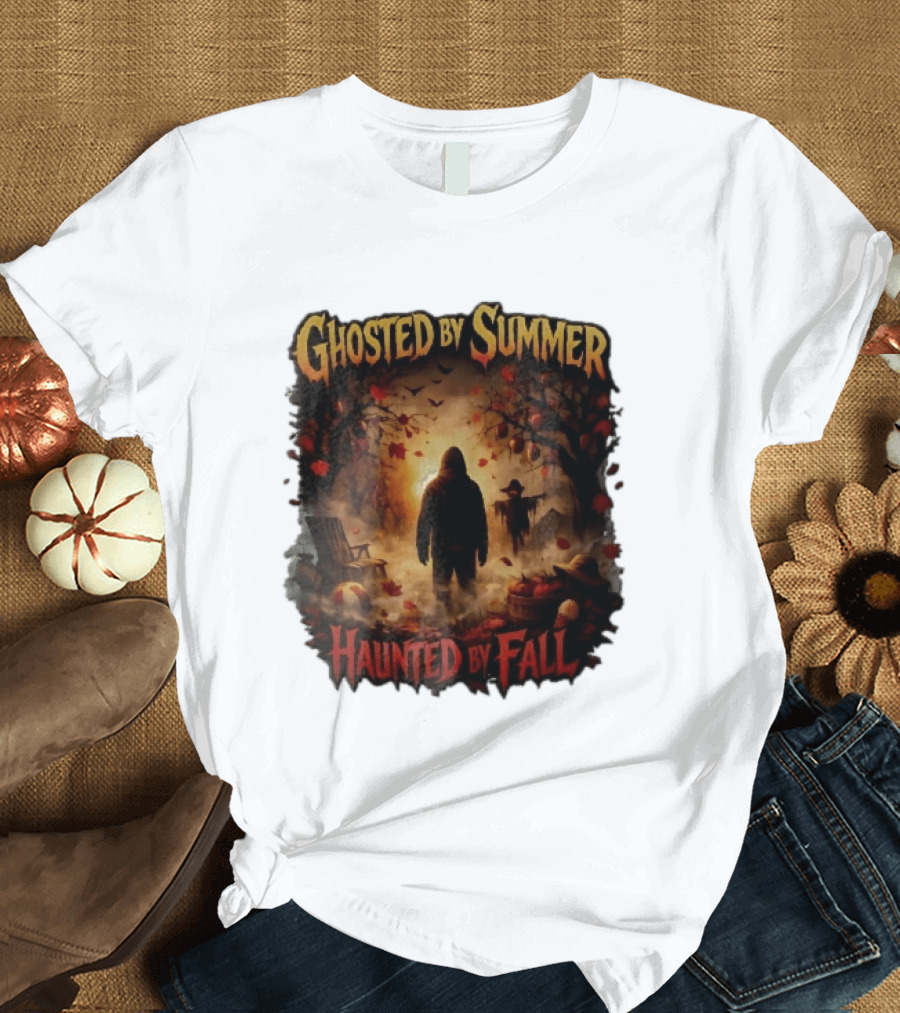 Ghosted By Summer Haunted By Fall Hooded Figure Autumn Orchard Scarecrow Pumpkins T-Shirt