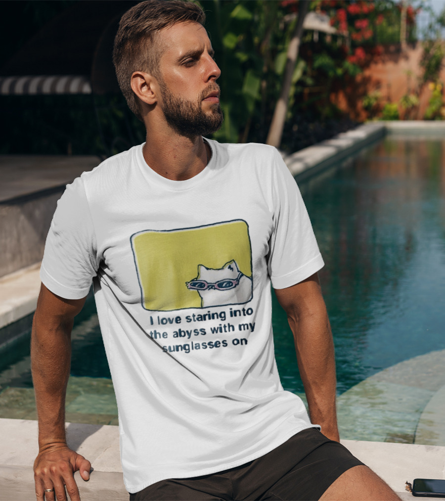 I Love Staring Into The Abyss With My Sunglasses On White Cat Pink Glasses Popcornpunk Cartoon T-Shirt