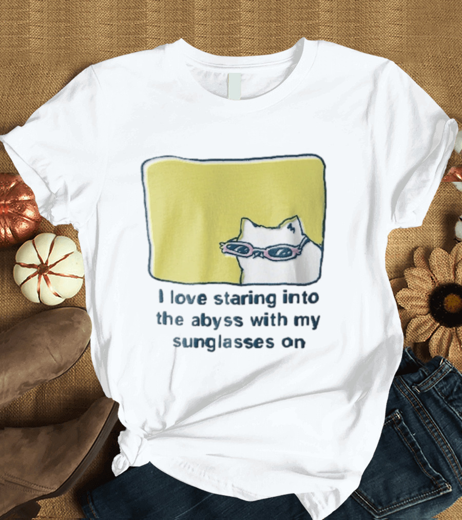 I Love Staring Into The Abyss With My Sunglasses On White Cat Pink Glasses Popcornpunk Cartoon T-Shirt