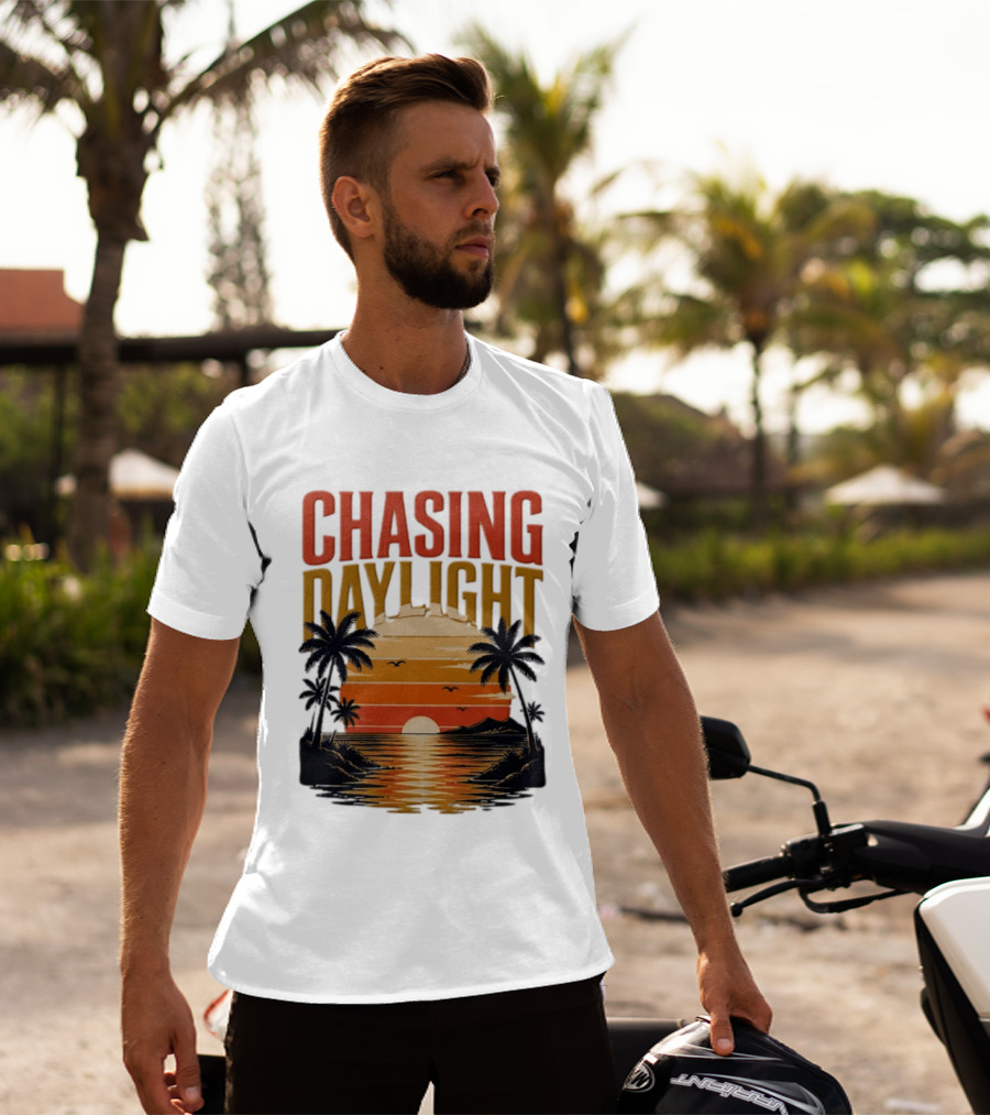 Chasing Daylight Tropical Beach Sunset Scene With Palms And Ocean Waves T-Shirt