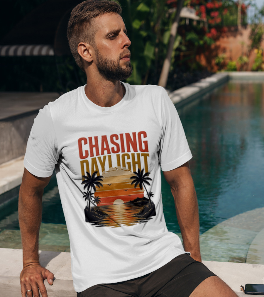 Chasing Daylight Tropical Beach Sunset Scene With Palms And Ocean Waves T-Shirt