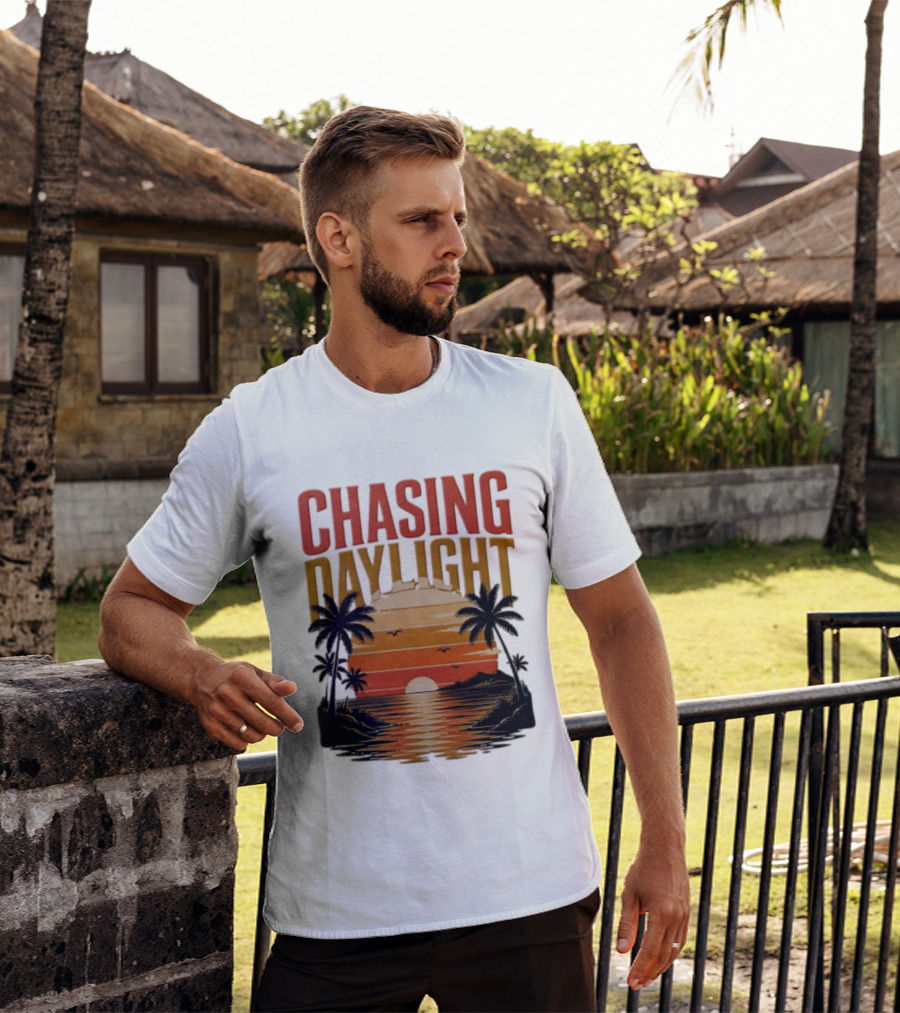 Chasing Daylight Tropical Beach Sunset Scene With Palms And Ocean Waves T-Shirt