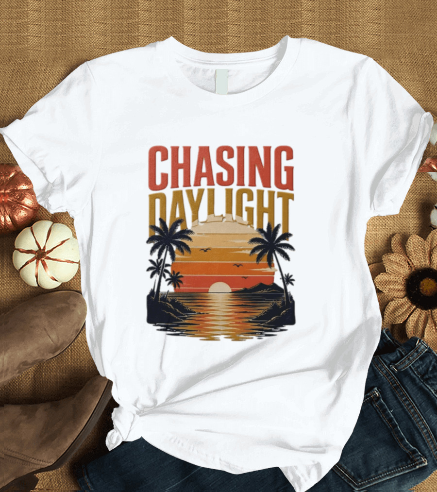 Chasing Daylight Tropical Beach Sunset Scene With Palms And Ocean Waves T-Shirt