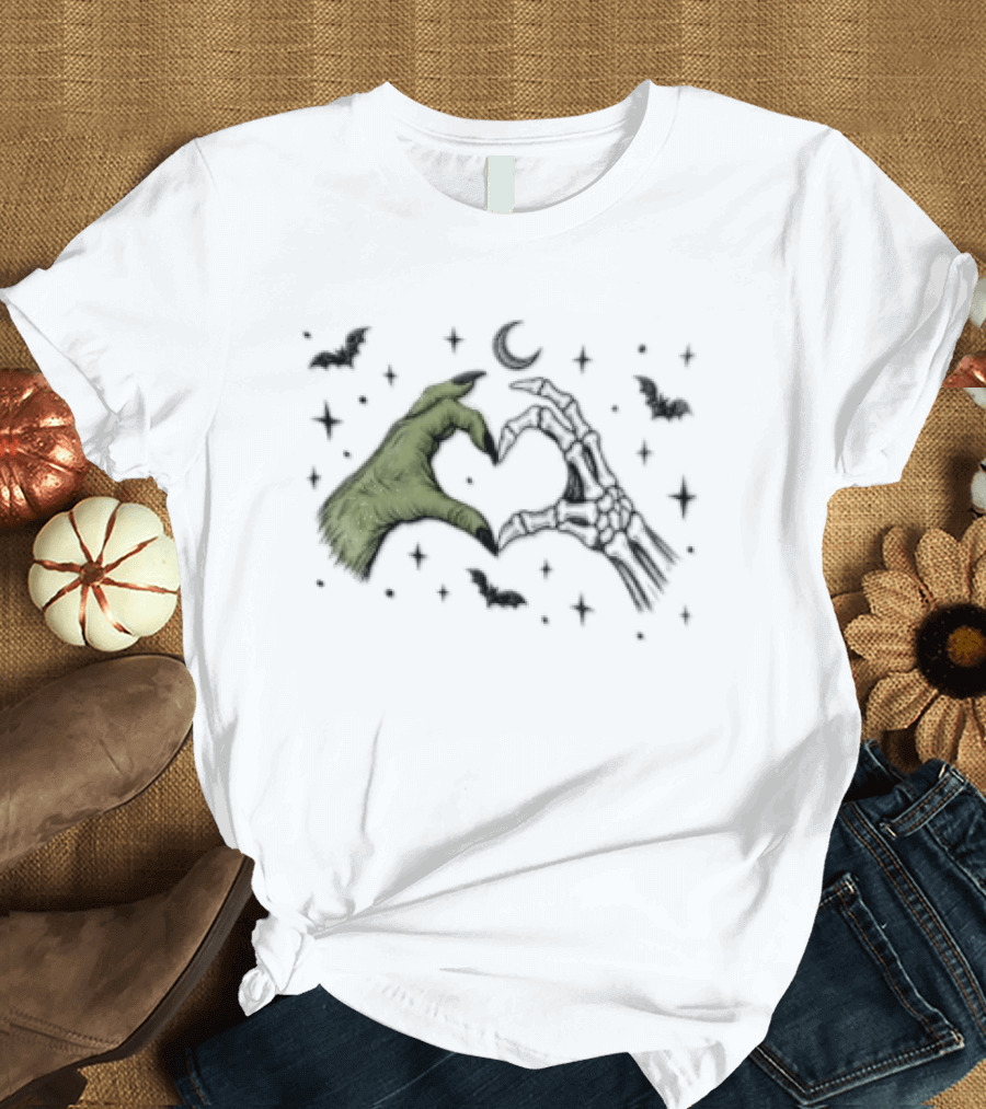 Witch Hand Skeleton Bone Heart Halloween Bats And Moon T-Shirt