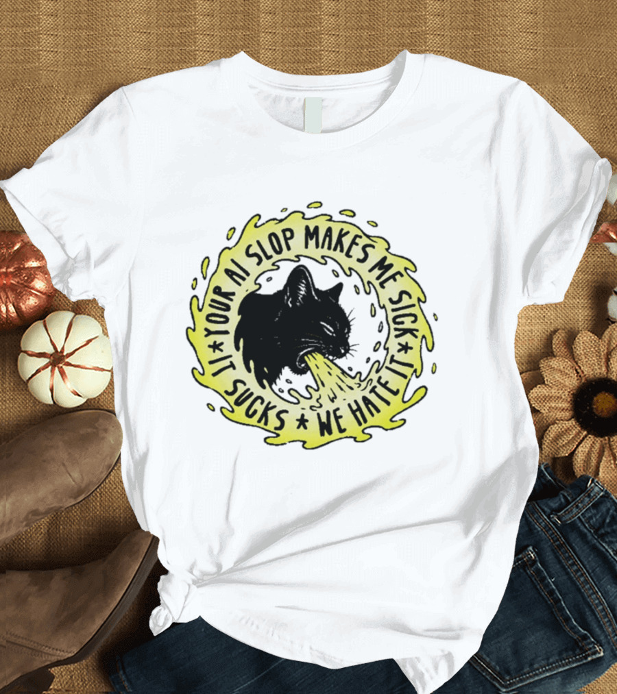 Your AI Slop Makes Me Sick It Sucks We Hate It Cat Vomiting T-Shirt