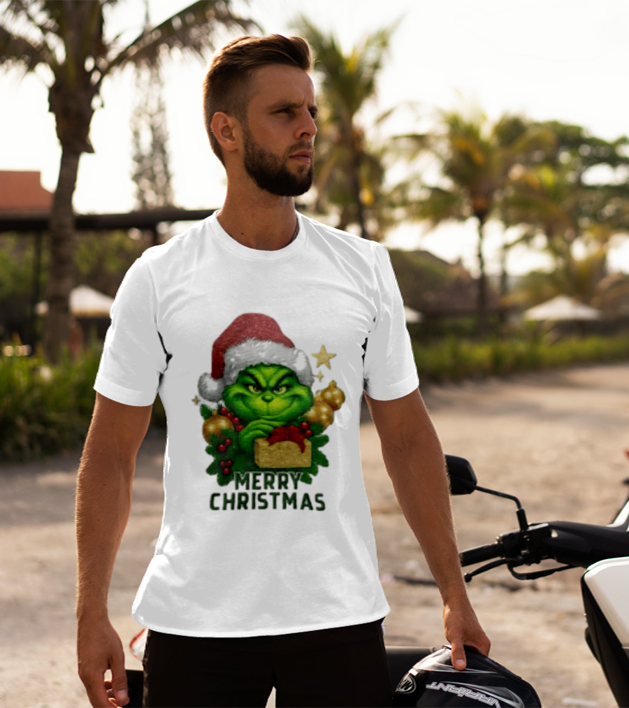 Merry Christmas Grinch Santa Claus Hat Gold Present Pine Branches T-Shirt