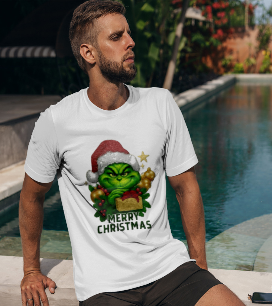 Merry Christmas Grinch Santa Claus Hat Gold Present Pine Branches T-Shirt