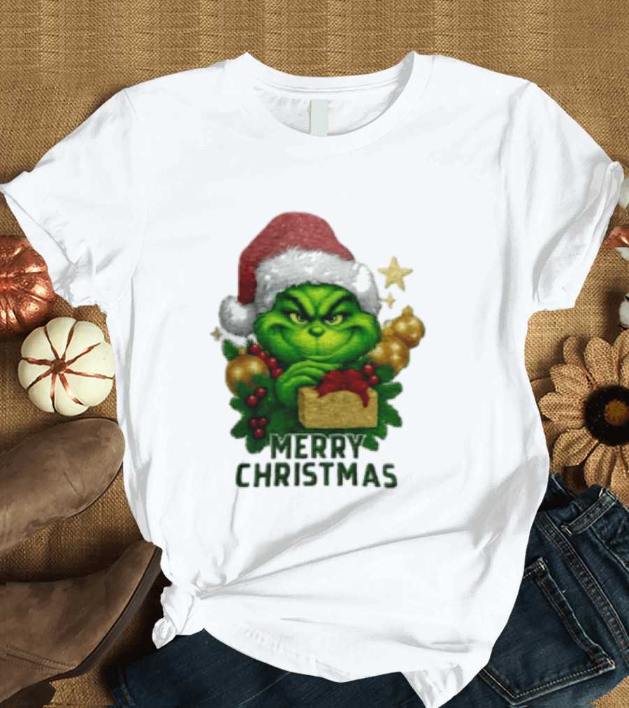 Merry Christmas Grinch Santa Claus Hat Gold Present Pine Branches T-Shirt