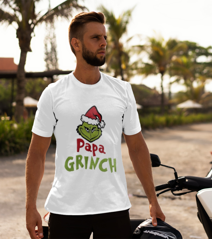 Papa Grinch Santa Claus Hat Green Face Cartoon T-Shirt