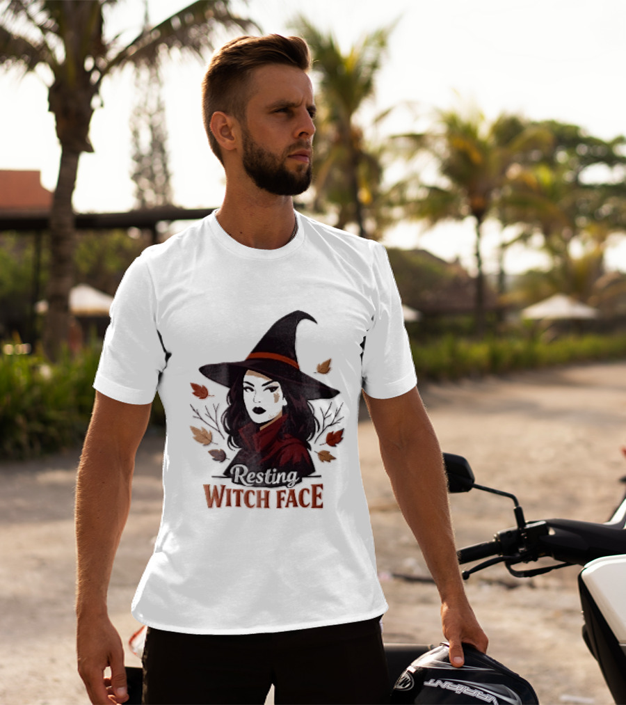 Resting Witch Face Dark Hair Woman Pointy Hat Autumn Leaves Halloween T-Shirt