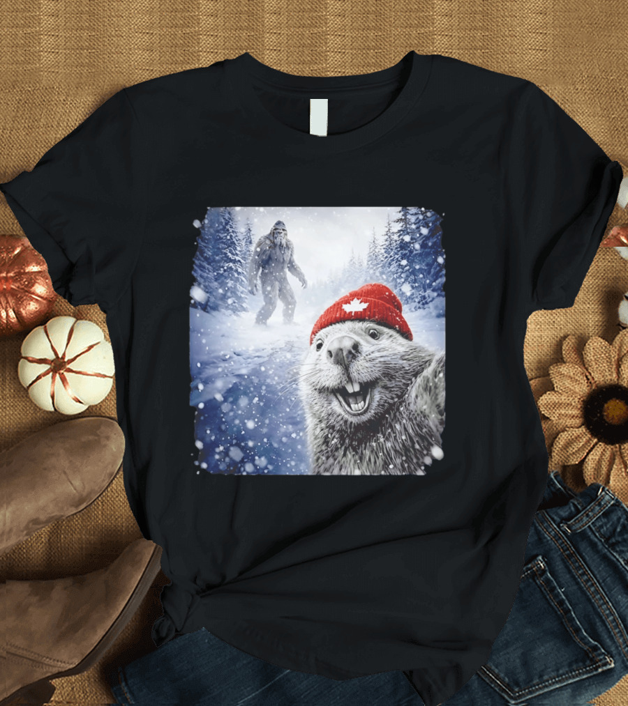 Beaver Selfie With Sasquatch In Snowy Canadian Forest T-Shirt