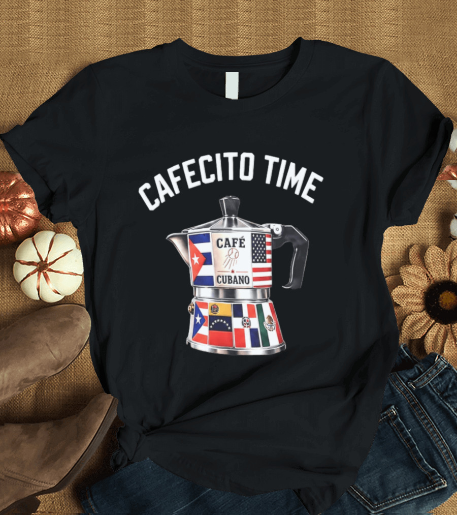 Cafecito Time Café Cubano Kike Hernandez Cuban Coffee Flag Motif T-Shirt
