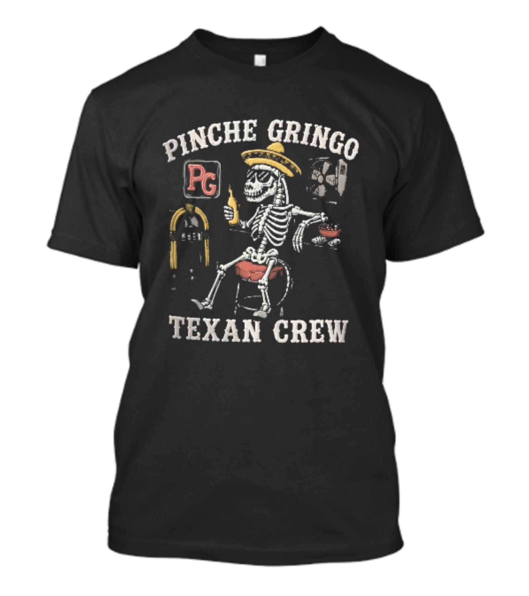 Pinche Gringo Texan Crew Skeleton Sombrero Jukebox Bar Beer T-Shirt