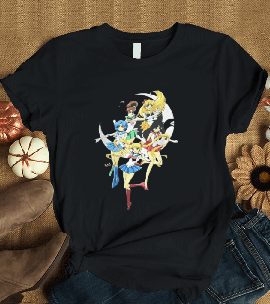 Sailor Moon Crescent Five Guardians Distressed Cartoon T-Shirt