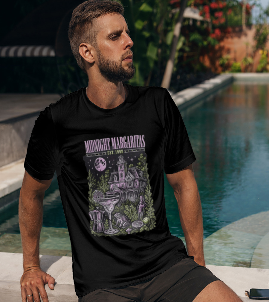 Midnight Margaritas Est 1998 Haunted Mansion Full Moon Frog Margarita Glass Lime Pestle Botanical T-Shirt