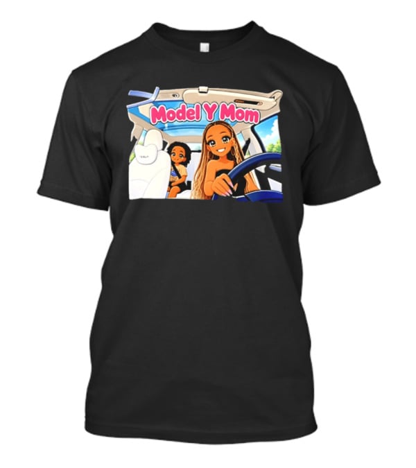 Model Y Mom Cartoon Driving Scene In Tesla T-Shirt
