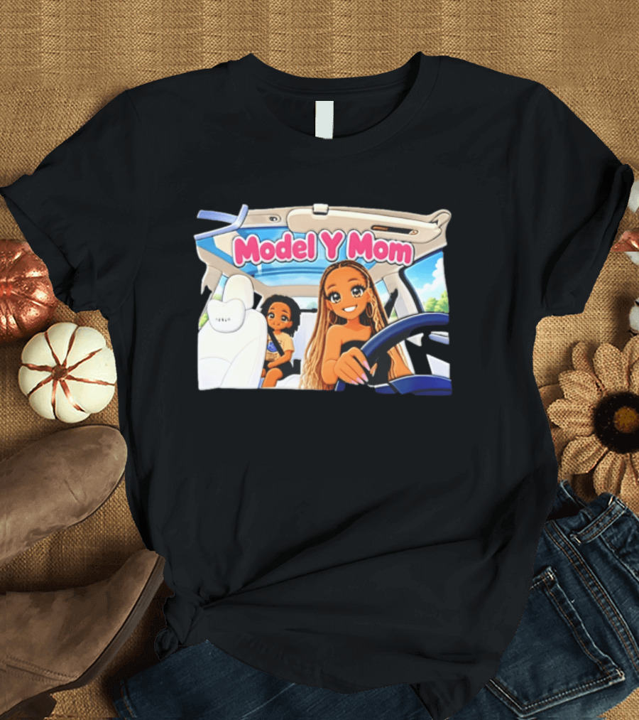 Model Y Mom Cartoon Driving Scene In Tesla T-Shirt