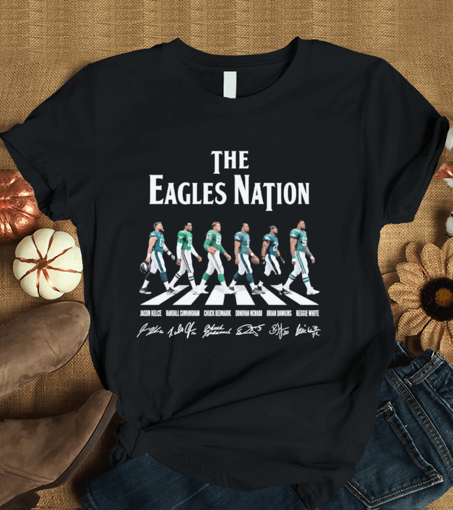 The Eagles Nation Jason Kelce Fletcher Cox Lane Johnson DeVonta Smith Darius Slay Road Crossing T-Shirt