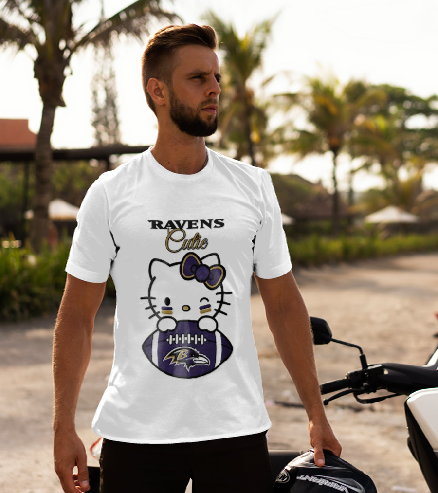 Ravens Cutie Hello Kitty Winking Holding Football T-Shirt