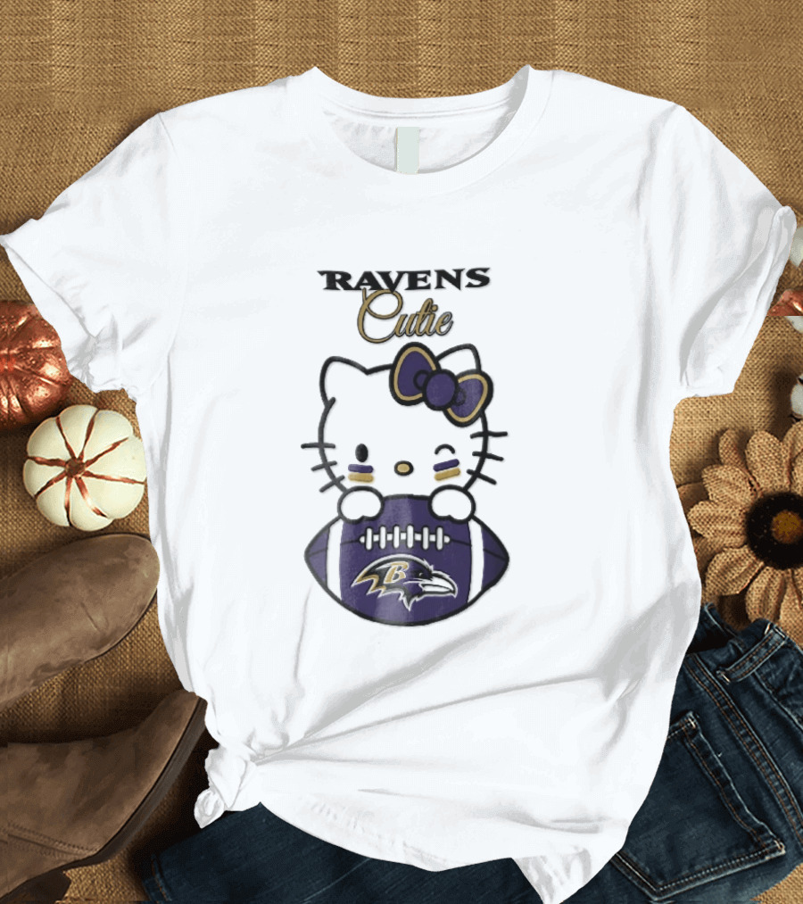 Ravens Cutie Hello Kitty Winking Holding Football T-Shirt