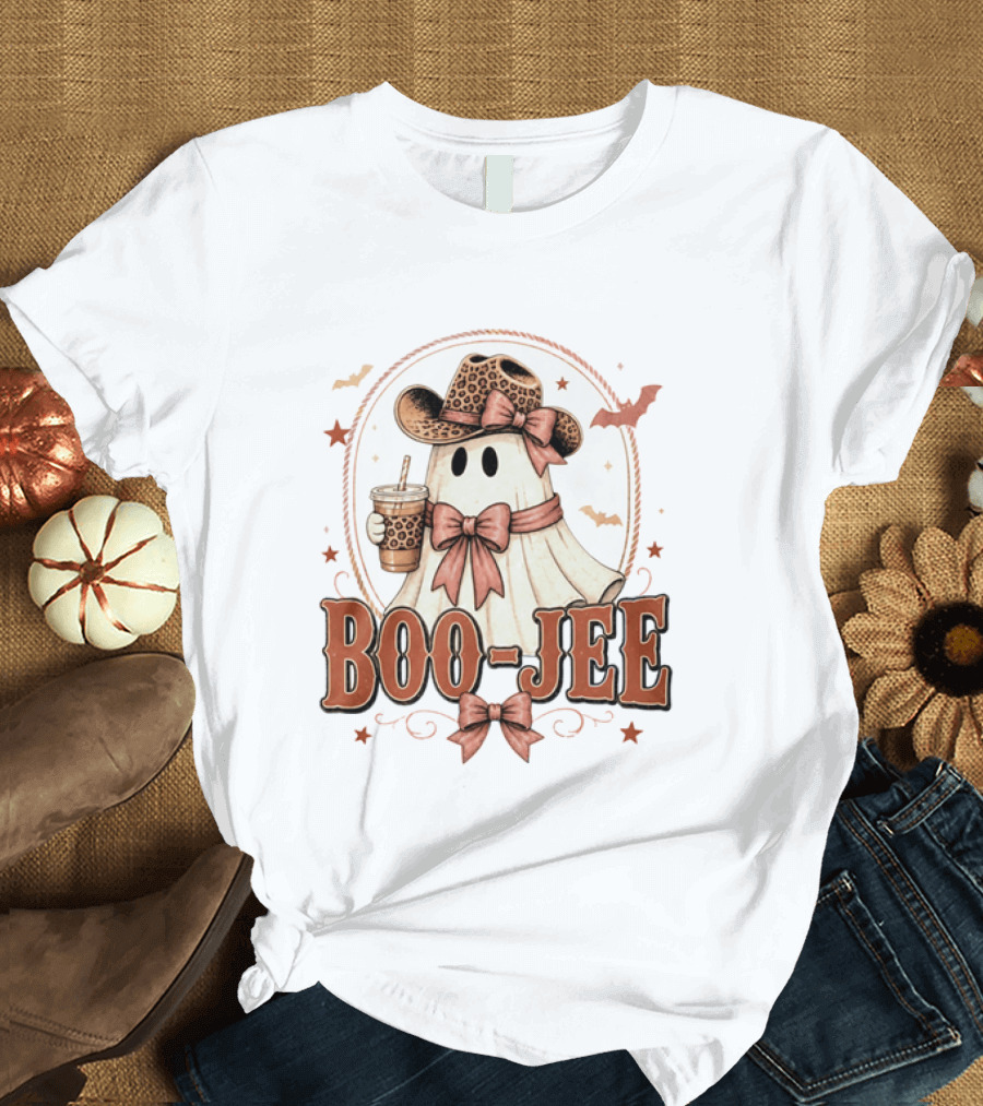 Boo Jee Leopard Cowboy Ghost Iced Coffee Halloween T-Shirt