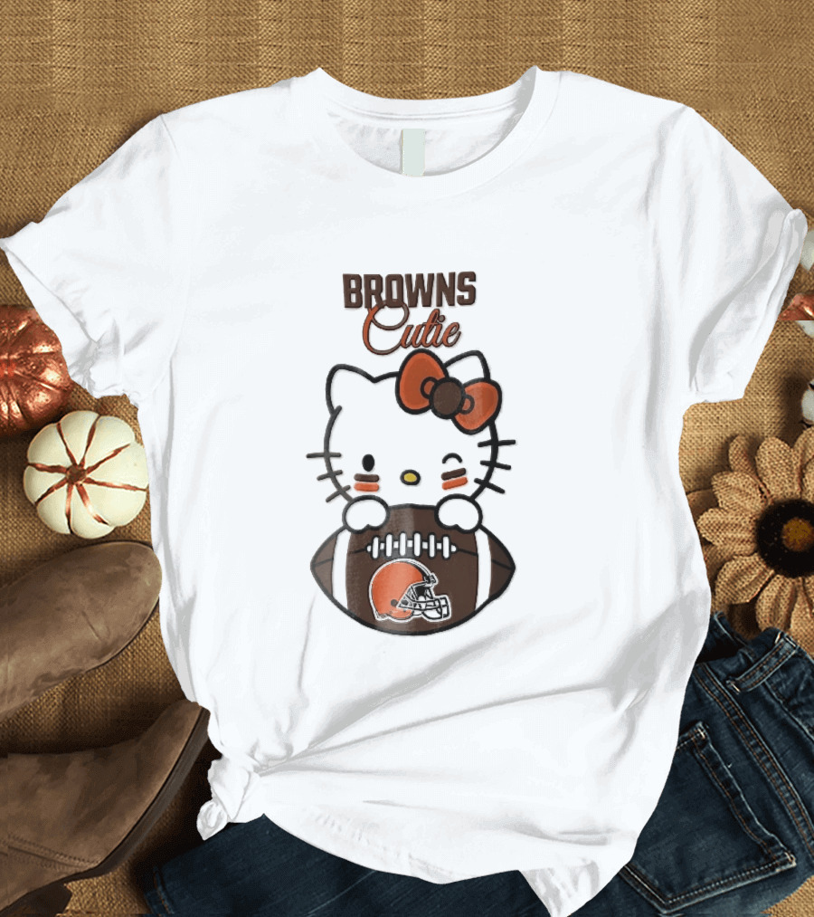Browns Cutie Winking Cartoon Cat Bow Football T-Shirt