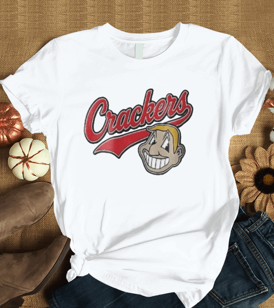 Crackers Cartoon Caricature Blonde Man Big Teeth Smile Red Script T-Shirt