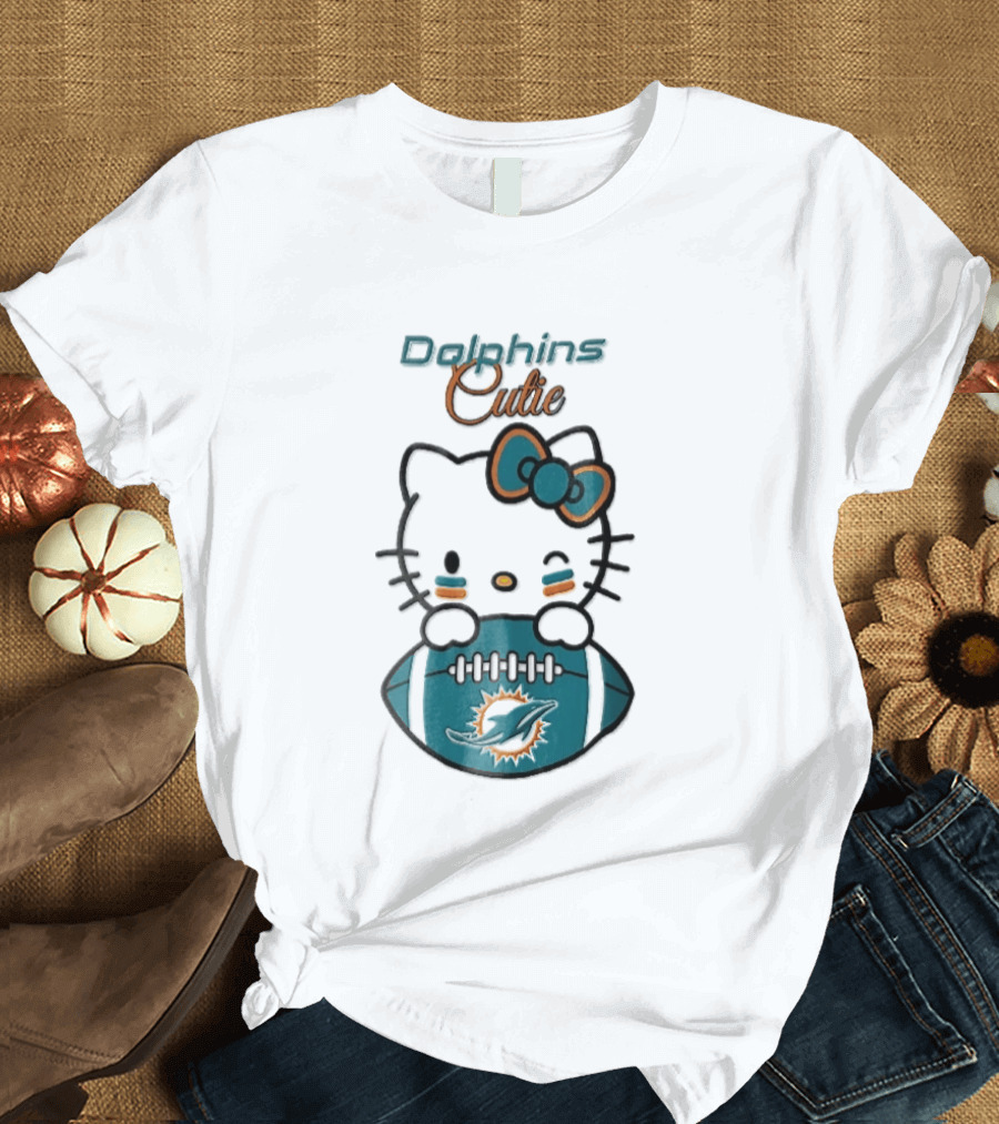 Miami Dolphins Cutie Winking Cat Bow Football T-Shirt