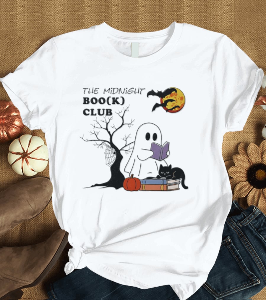 The Midnight Boo(k) Club Halloween Ghost Cat Pumpkin Moon T-Shirt