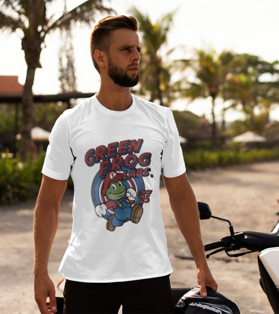 Green Frog Labs Since 25 Cartoon Running Red Cap Blue Overalls T-Shirt