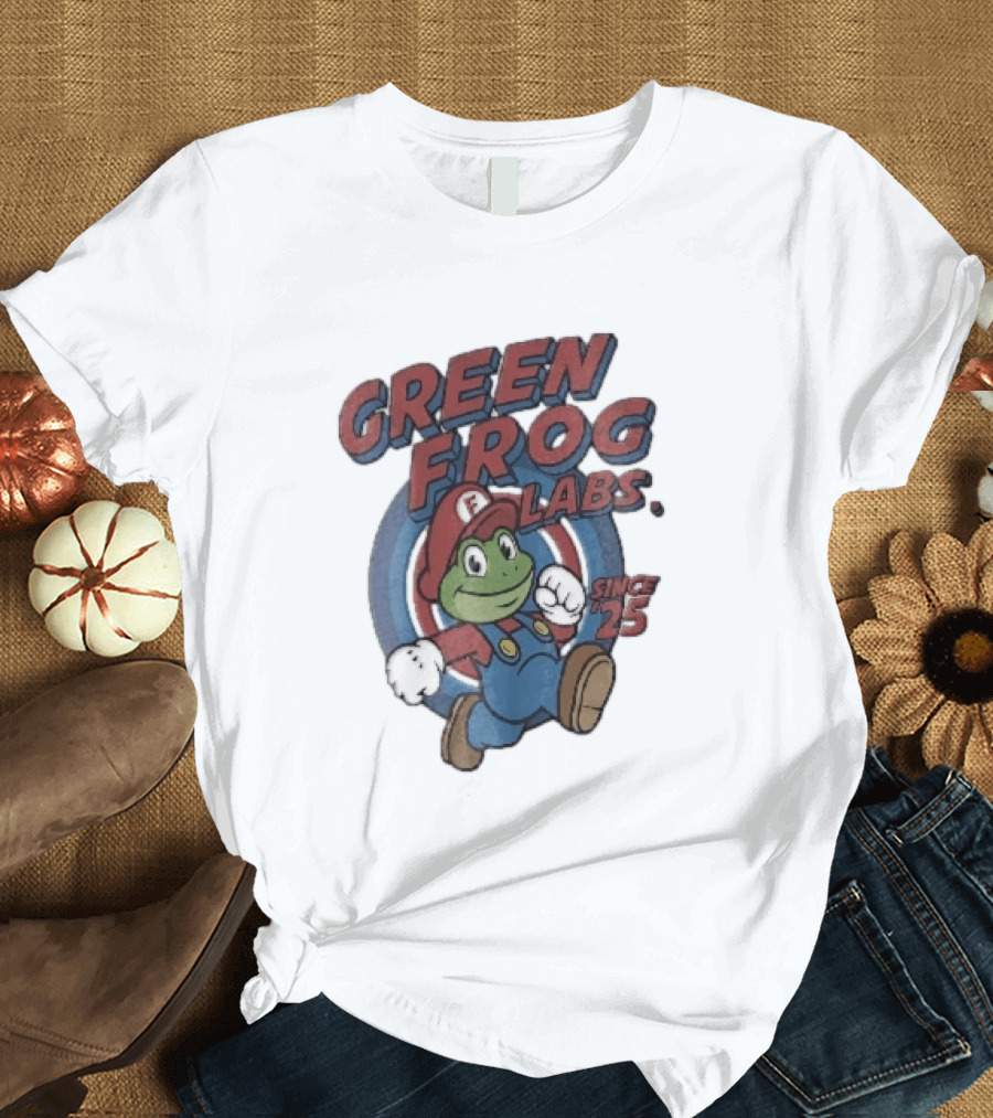 Green Frog Labs Since 25 Cartoon Running Red Cap Blue Overalls T-Shirt