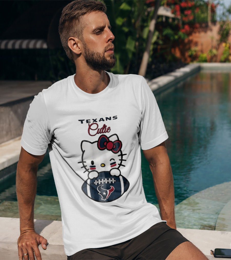 Texans Cutie Cartoon Cat Red Bow Winking Football T-Shirt